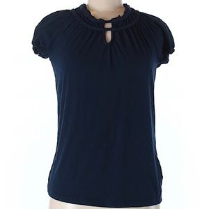 Chaps Navy Blue Loose Fit Tee w/Braided Detail and Keyhole Neckline